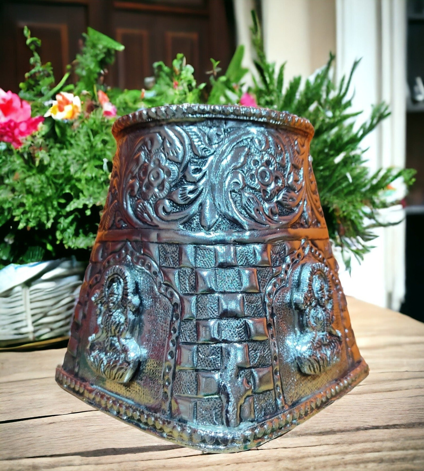 Sigaram Antique German Silver Round Tulasi Pot For Home Pooja Decor K4395