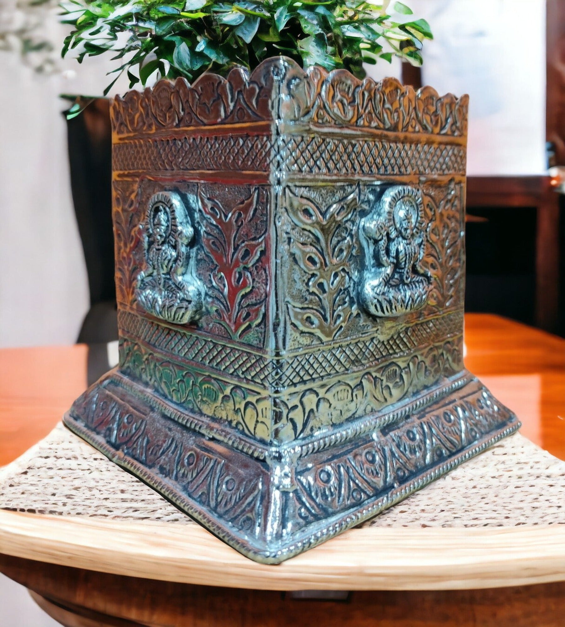 Sigaram Antique German Silver Square Tulasi Pot For Home Pooja Decor K4394