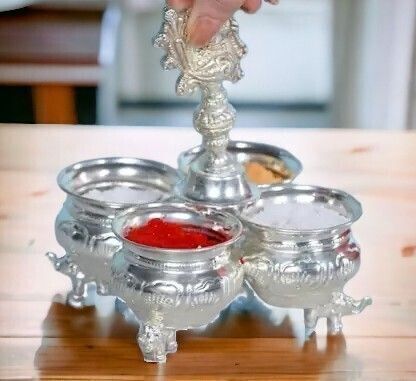 Sigaram German Silver 4Cup Panchwala with Peacock Handle For Home Pooja Decor K4002