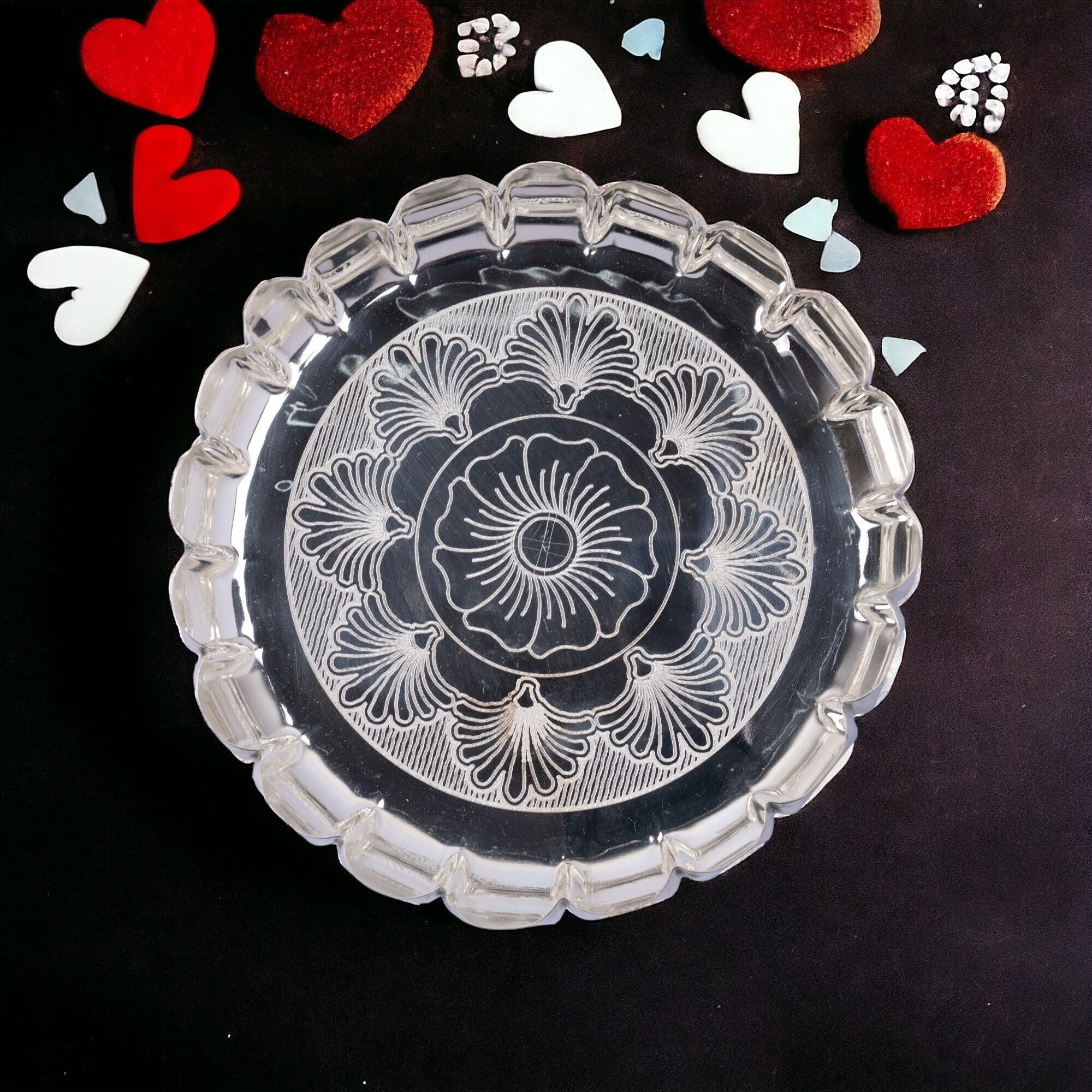 Sigaram 8 Inch German Silver Floral Designed Plate with Lay For Home Pooja Decor K4404
