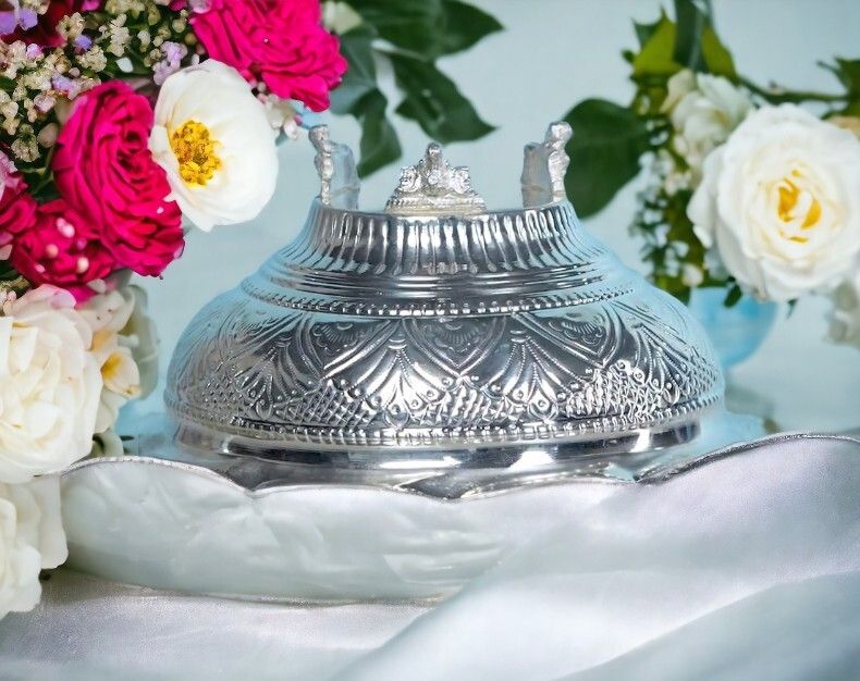 Sigaram German Silver 10X5 Inch Designed Flower Basket For Home Pooja Decor K3109