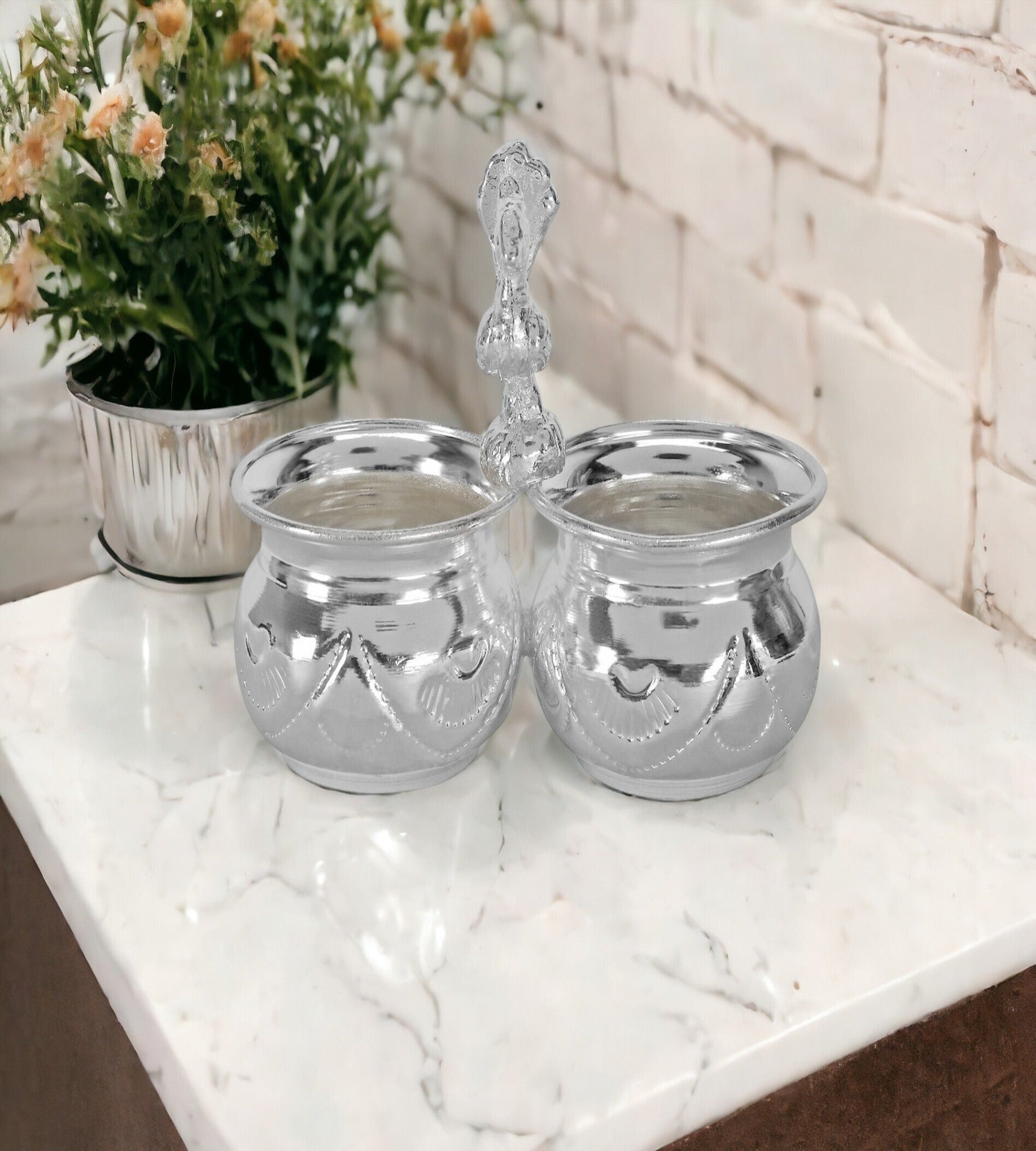 Sigaram German Silver 4X3 Inch 2Cup Panchwala Kum Kum Bharani For Home Pooja Decor K3114