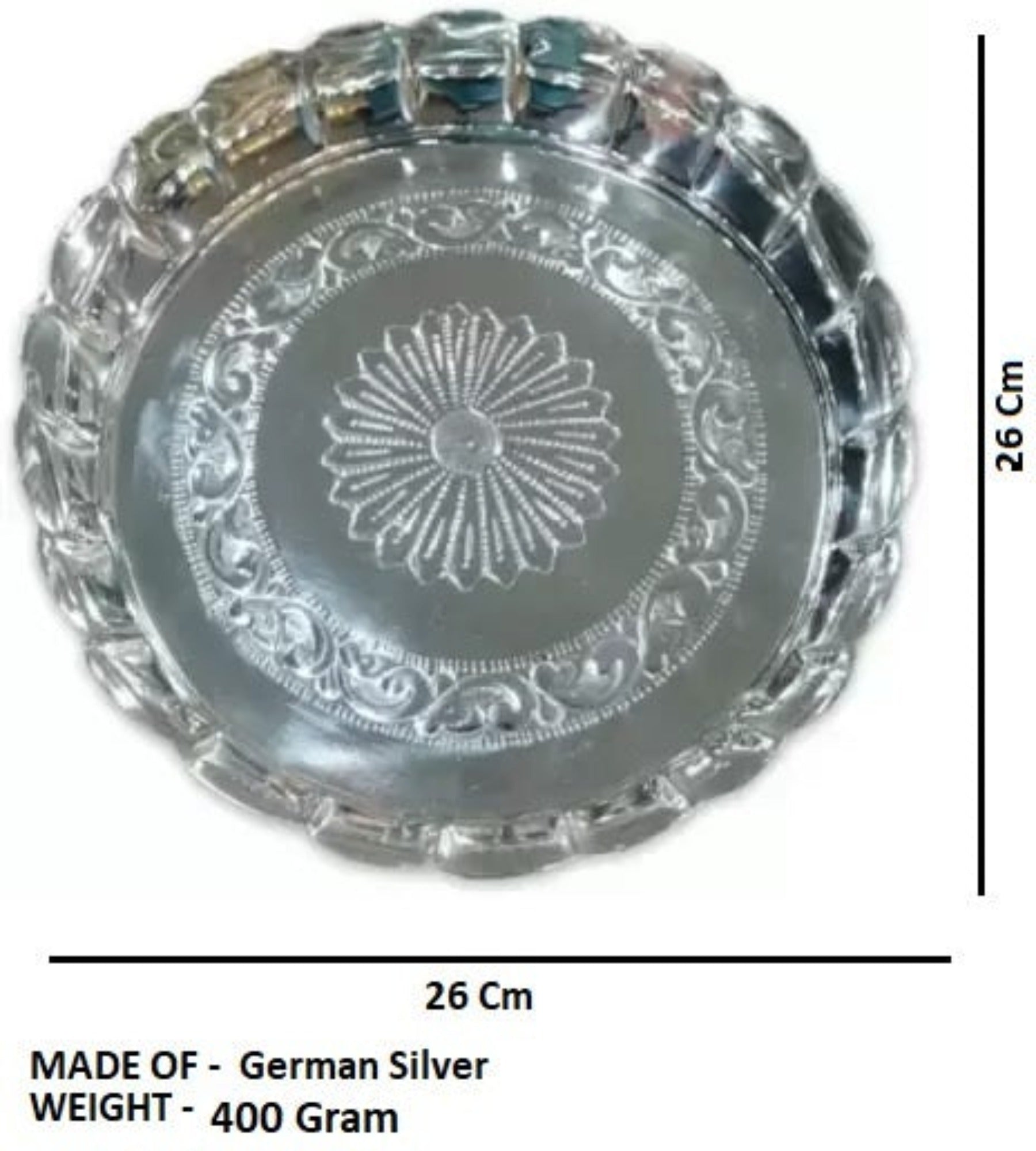 Sigaram German Silver 10 Inch Floral Design Plate With Stand for Home Pooja Decor K3127