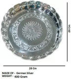 Sigaram German Silver 10 Inch Floral Design Plate With Stand for Home Pooja Decor K3127