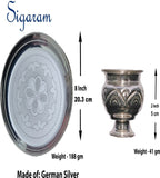 Sigaram German Silver 8 Inch Pooja Thali Set - Plate and Kum Kum Cup for Home Pooja Decor K2433