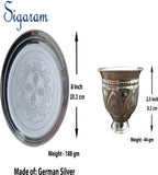 Sigaram German Silver 8 Inch Pooja Thali Set - Plate and Kum Kum Cup for Home Pooja Decor K2435