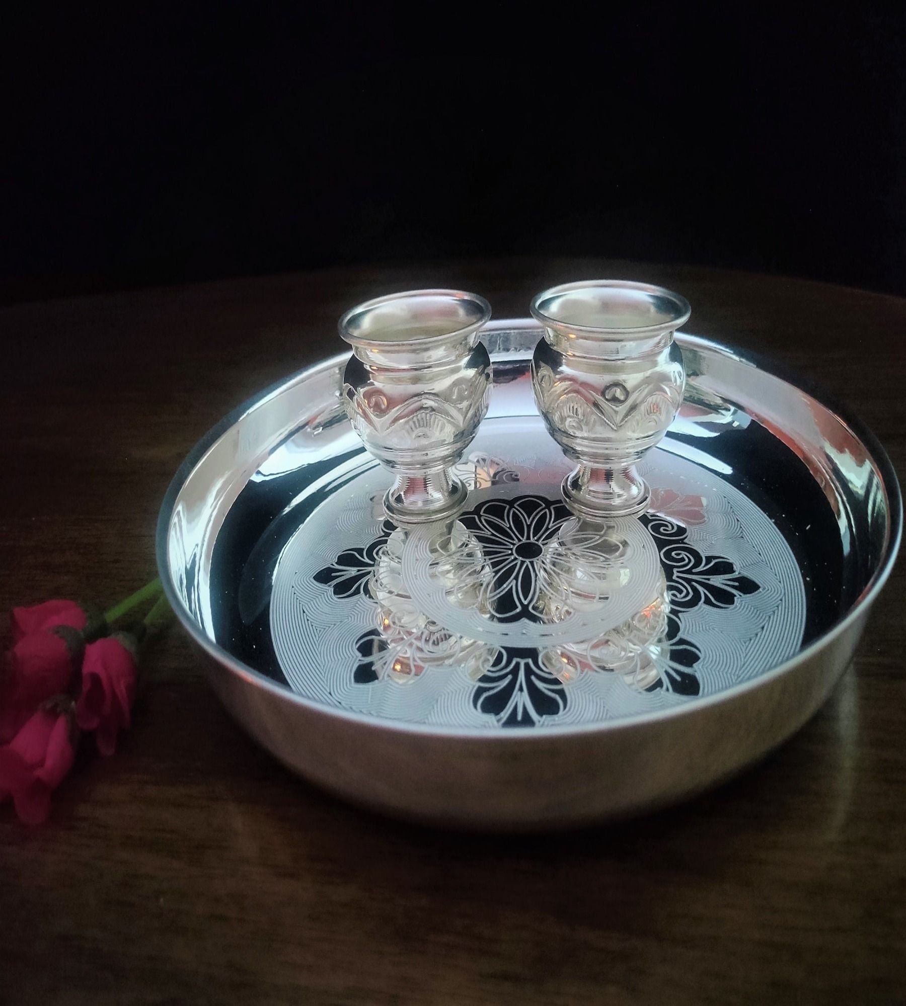 Sigaram German Silver 9 Inch Pooja Thali Set - Plate and Kum Kum Cup for Home Pooja Decor K2442
