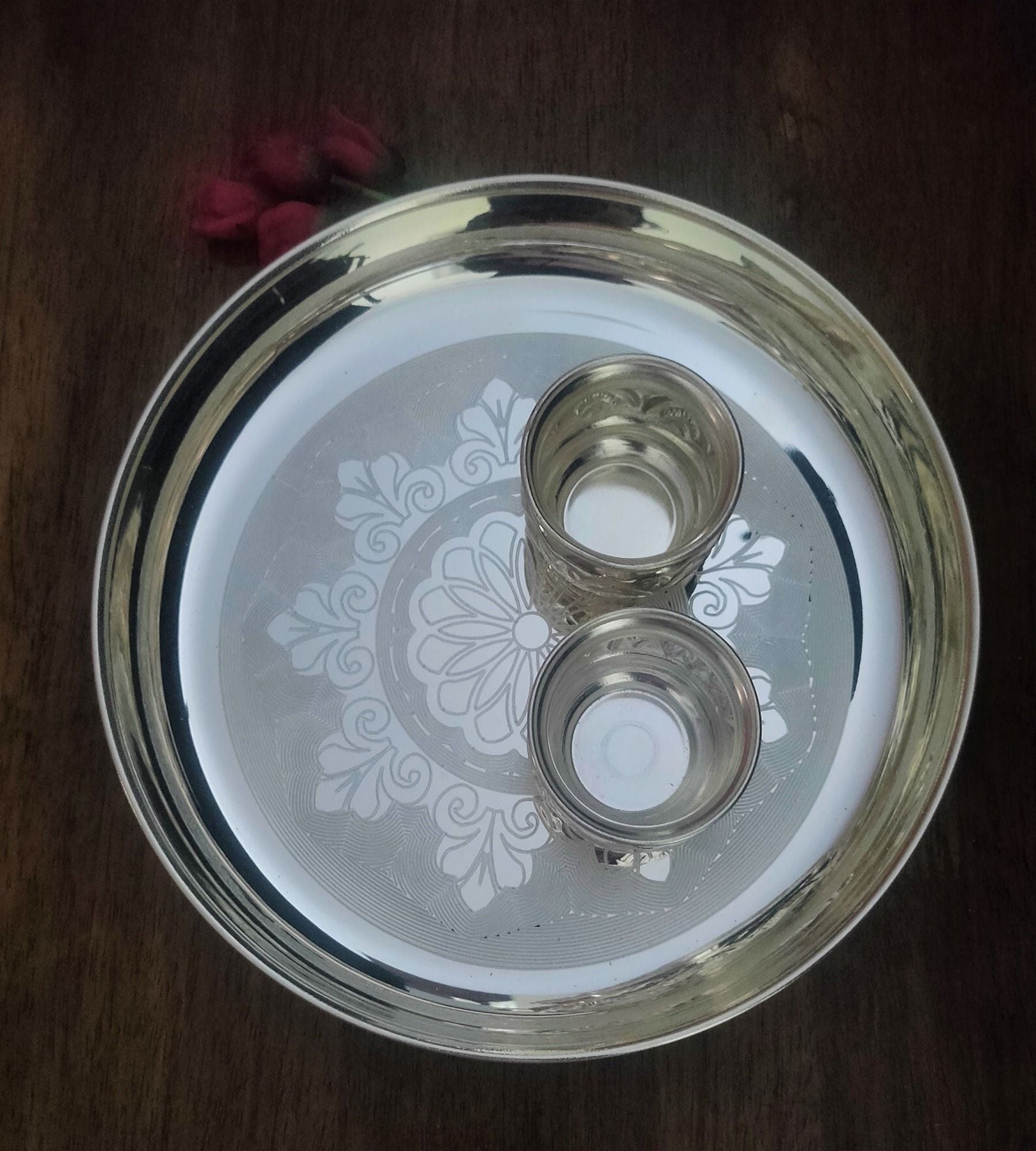 Sigaram German Silver 9 Inch Pooja Thali Set - Plate and Kum Kum Cup for Home Pooja Decor K2443