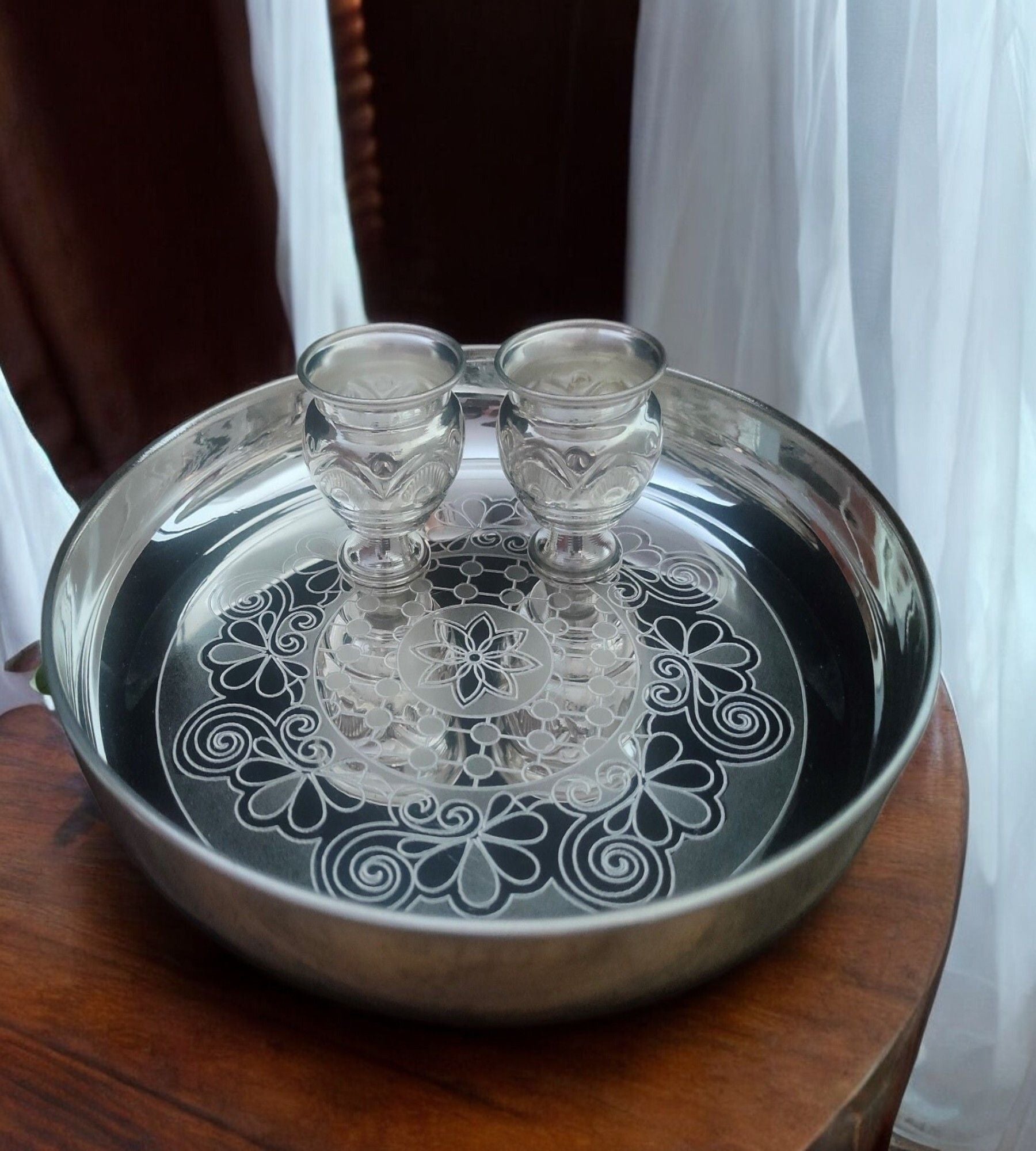 Sigaram German Silver 10 Inch Pooja Thali Set - Plate and Kum Kum Cup for Home Pooja Decor K2448