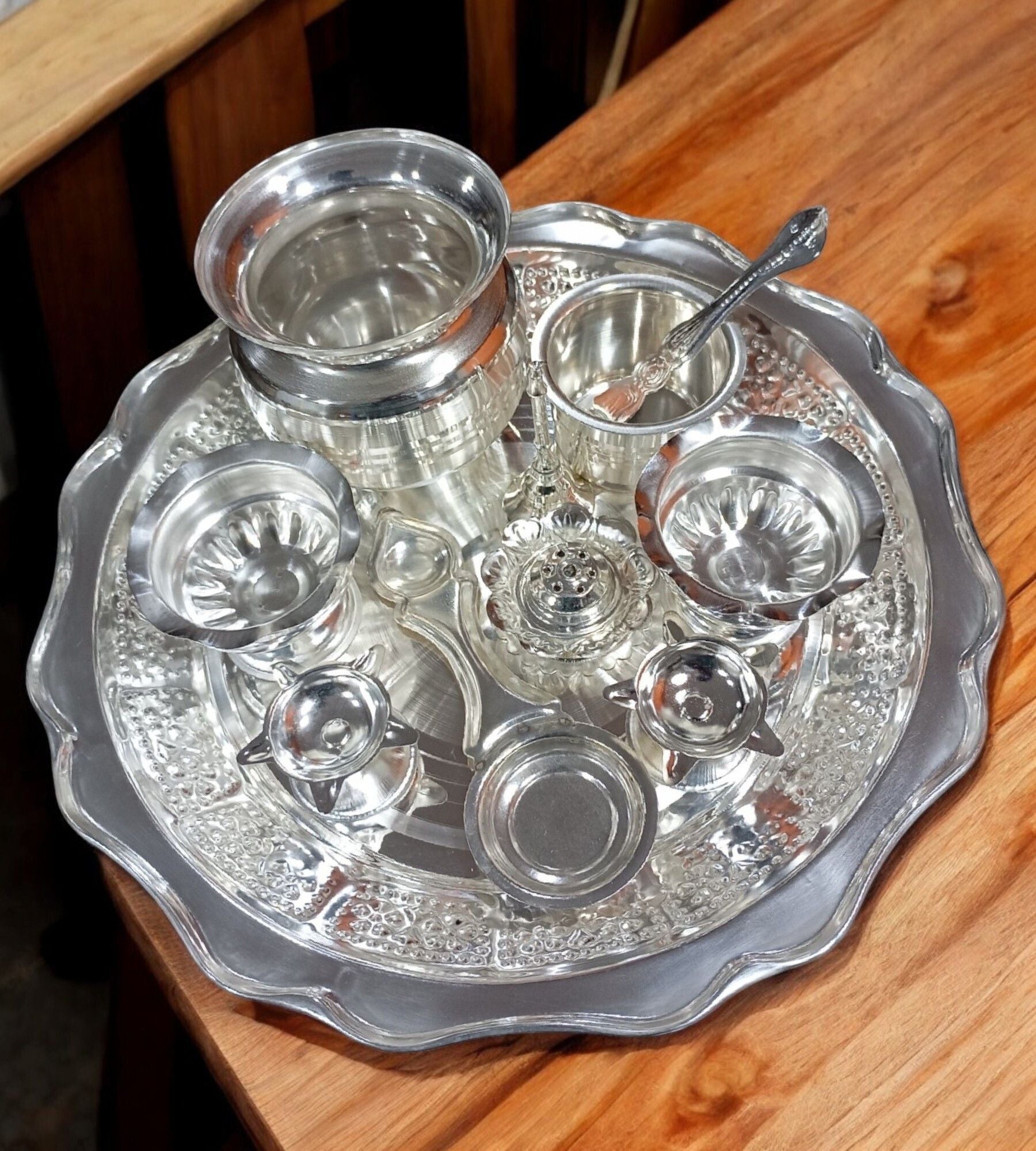 Sigaram Silver Plated 12 Inch Pooja Thali Arthi Set For Home Pooja Decore K4578