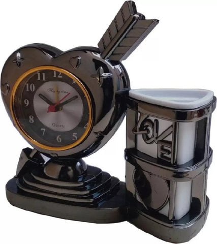 Black Heart Shaped Analog Alarm Clock with Pen stand K922