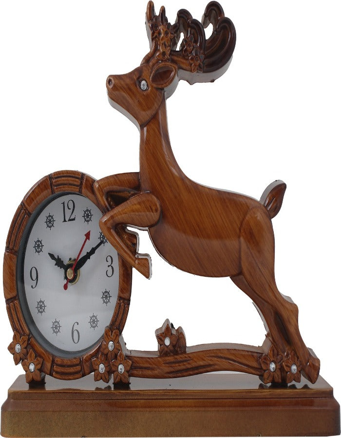 Jumping Deer With Brown Wood Finish Table Clock
